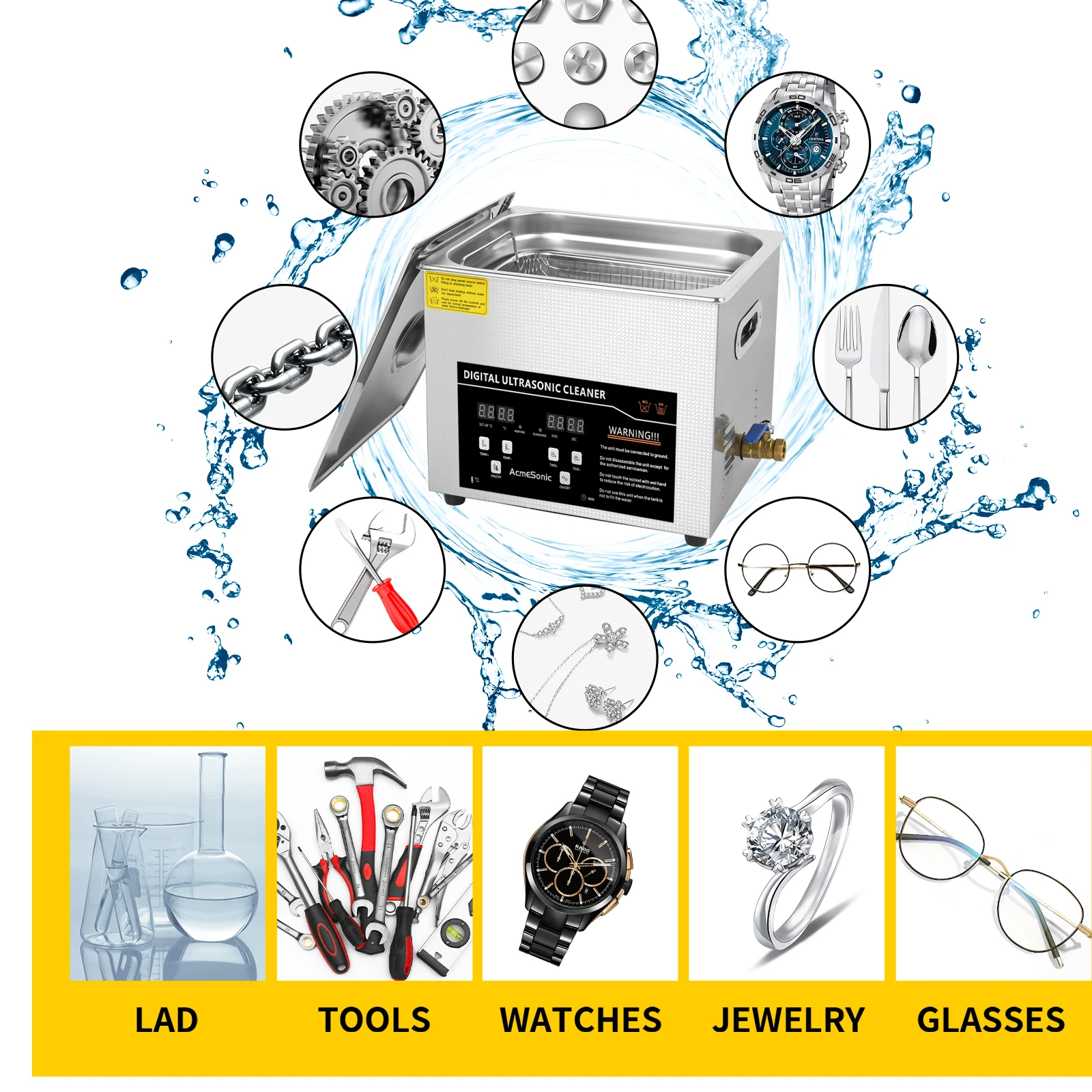 ACMESONIC Pulitore ad ultrasuoni 10L con riscaldatore Macchina per la pulizia ad ultrasuoni per strumenti professionali Parti metalliche Gioielli Occhiali