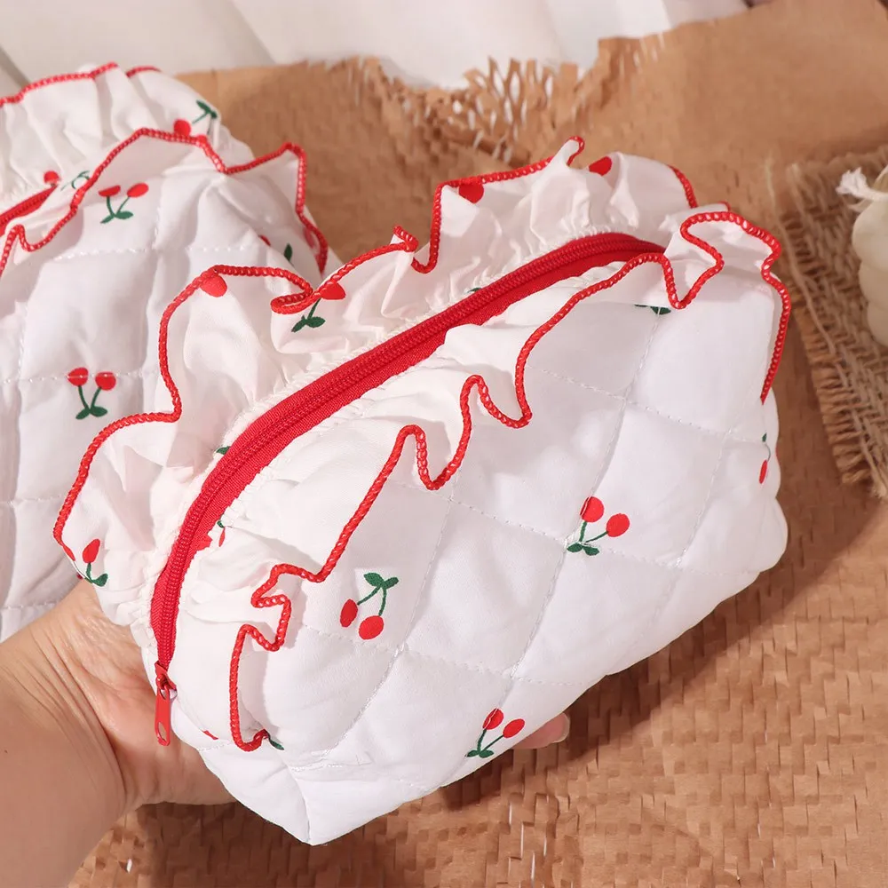 حقيبة مكياج الكرز المطبوعة ذات سعة كبيرة، حقيبة مستحضرات تجميل الكرز العطرية على الطراز الكوري مع حقيبة تخزين بسحاب