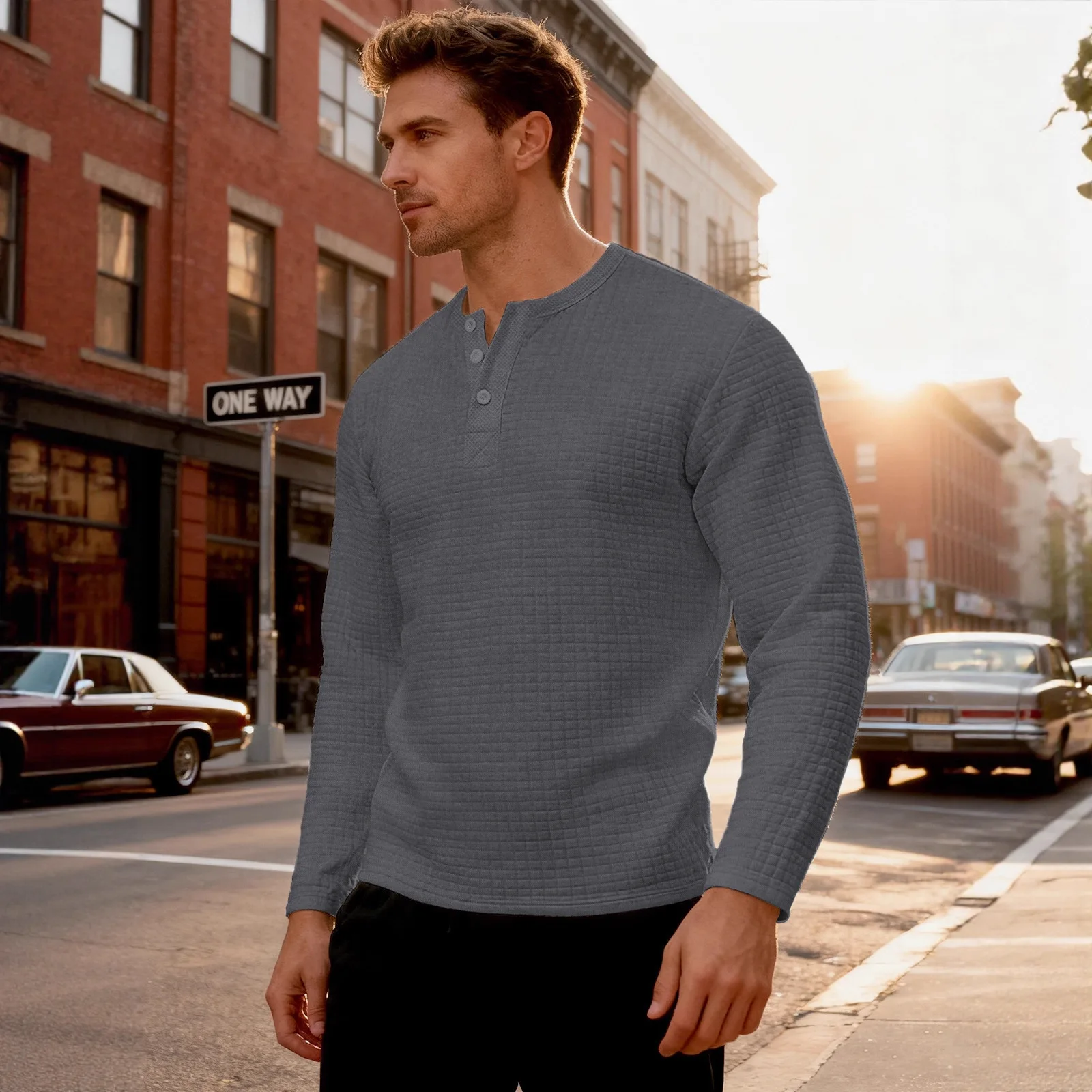 เสื้อเชิ้ตเฮนรี่ผ้าแจ็คการ์ดเนื้อหนาทรงหลวมสไตล์เรโทรแขนยาวสำหรับผู้ชาย คอลเลคชั่นใหม่ฤดูใบไม้ร่วงและฤดูหนาวข้ามพรมแดน