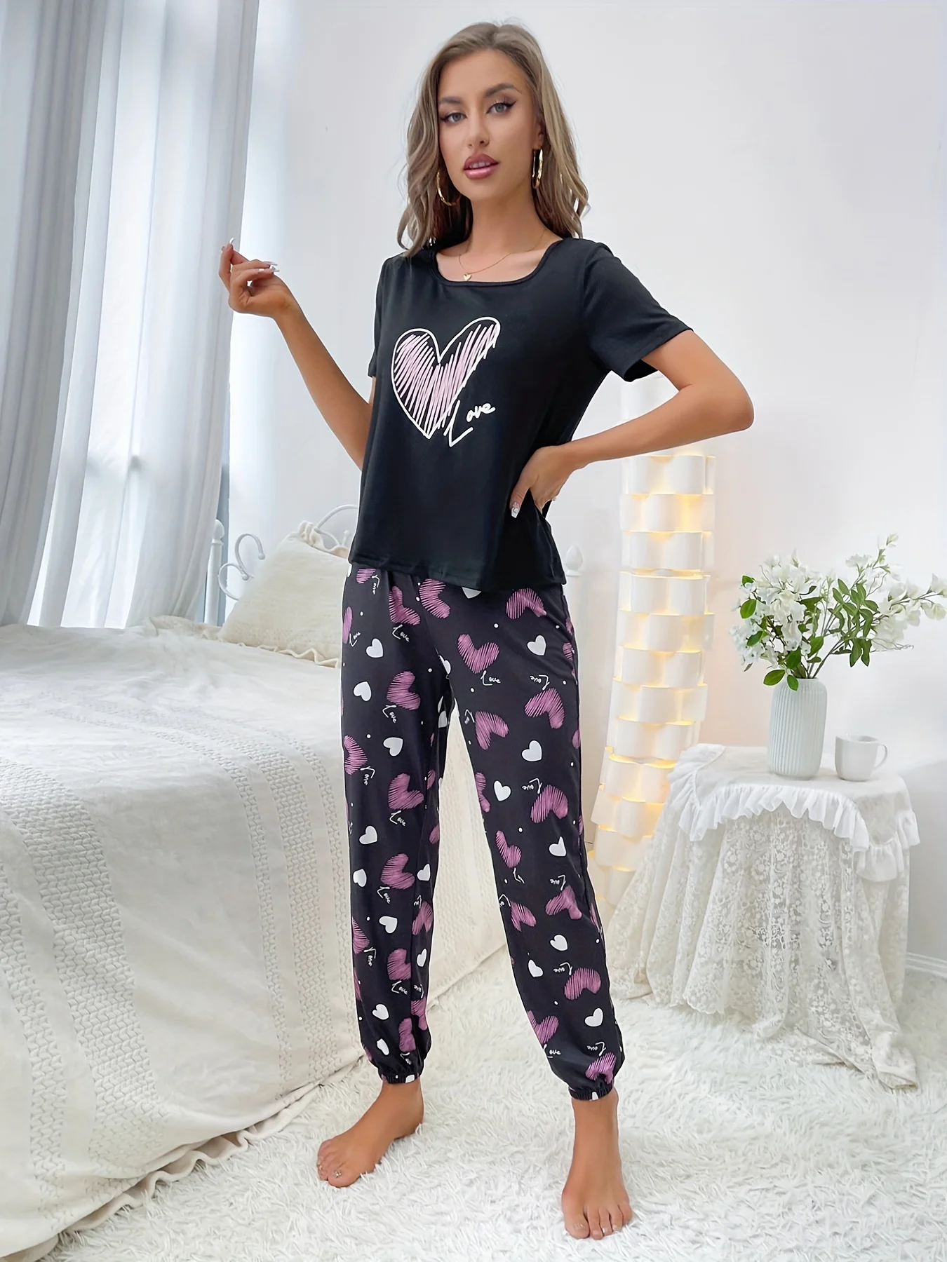 Women\'s new style pajamas short sleeve shirt trousers heart pattern casual elegant two-piece home wear