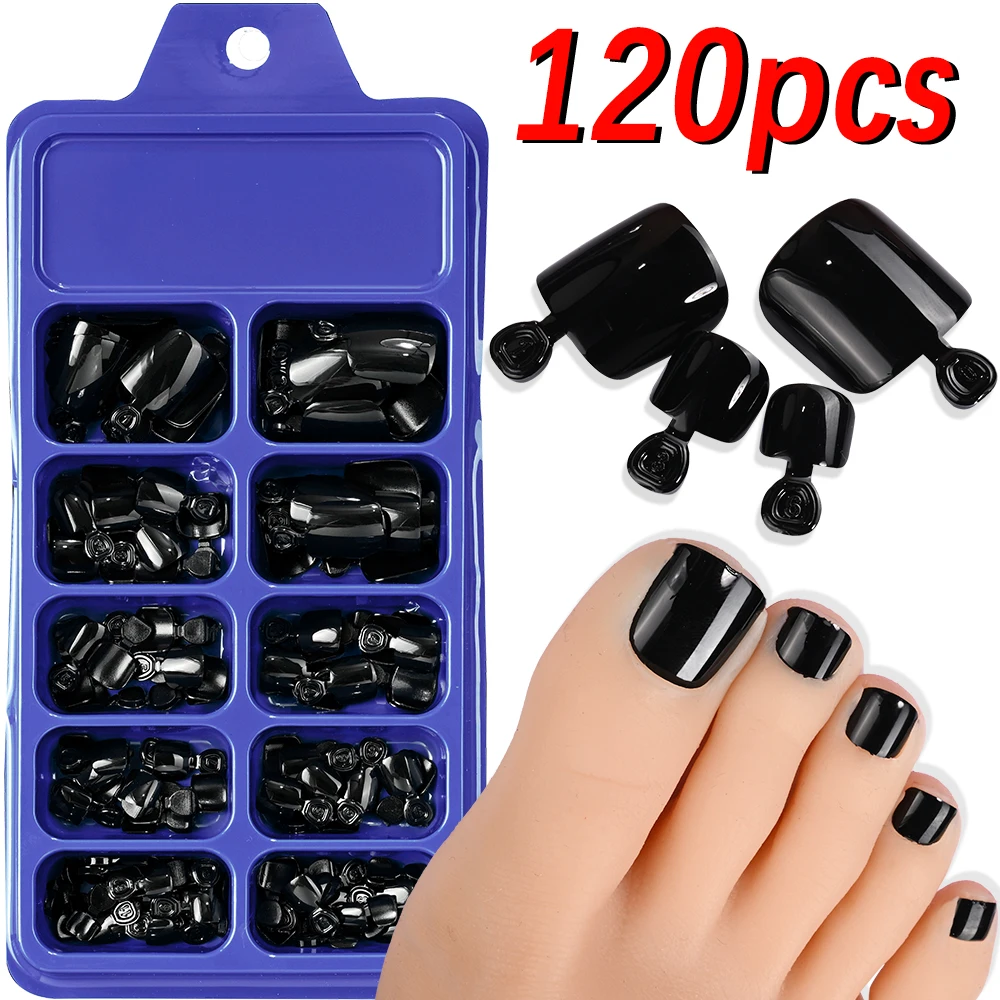 120 Stück/Box Französische Spitze zum Aufdrücken von Zehennägeln, rosa Farbsystem, quadratische Fußnägel, kurze Länge, glänzende Oberfläche, falsches Zehennägel-Set
