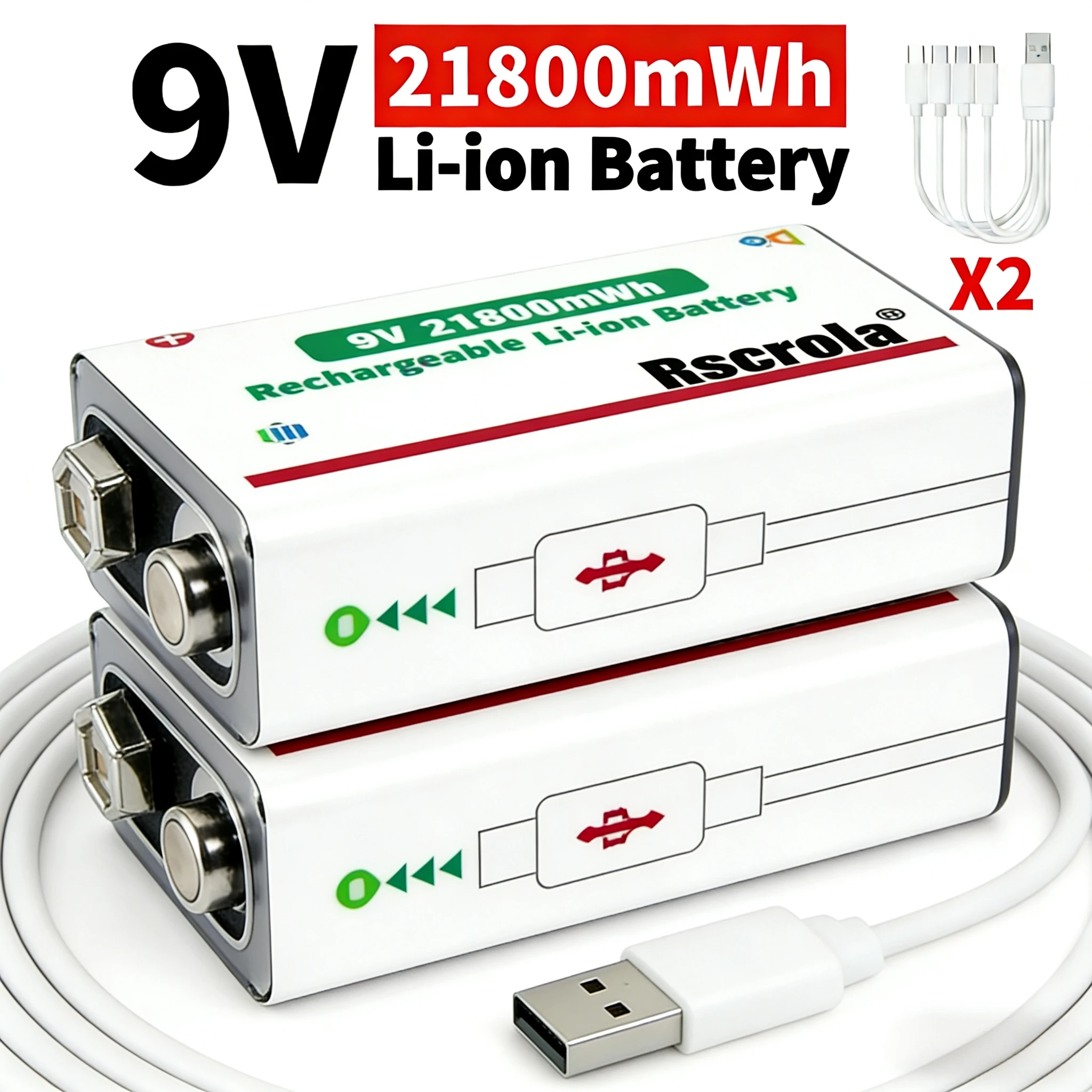 

9V 21800mWh Rechargeable Lithium Battery Long Lasting with Cable for Guitar Pedal Microphone Smoke Detector