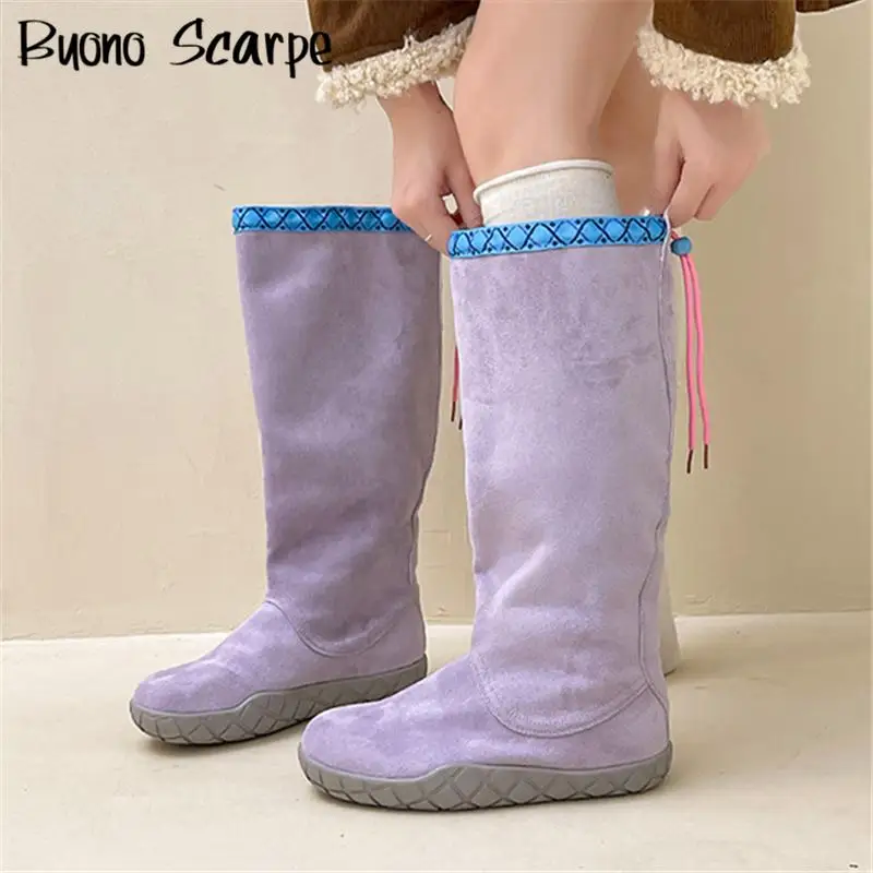 

Mixed Color Suede Leather Round Toe Knee High Women Boots Slip On Thick Sole Platform Fashion Western Retro Winter Casual Shoes