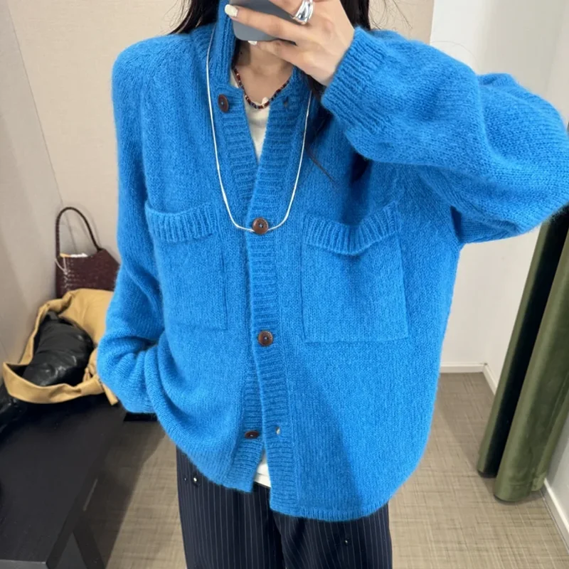 

HEIDD Spring 2025 Dopane Blue V-ne ket Long Sve Knitted Open Cardigan Women's Faion Korean Sle Straight Cut Wo...