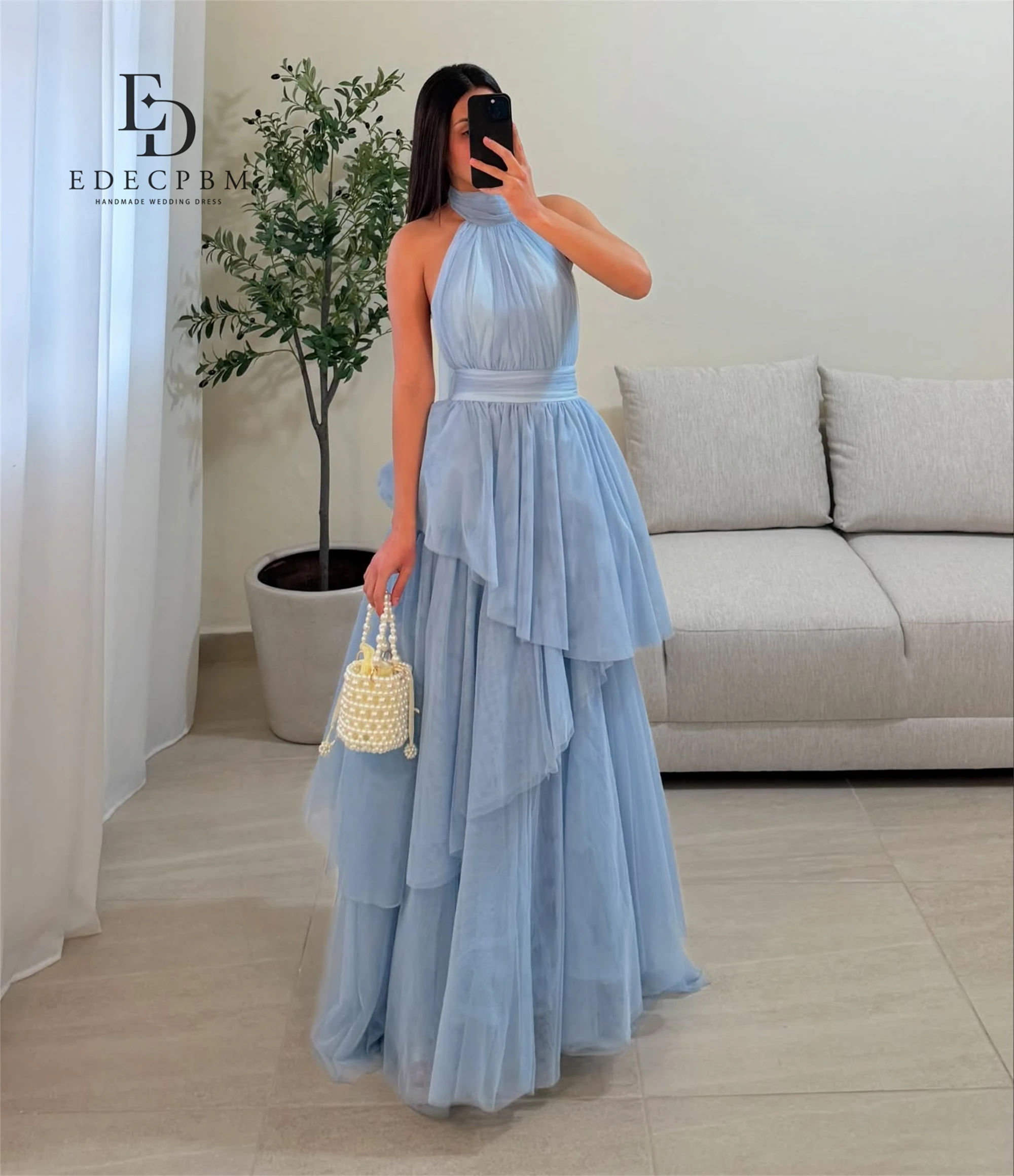 EDECPBM Neck Halter Dresses Gala Elegant Party Dresses 2025 Pink Customized Multi-layer Women Evening Dress Woman Prom Wedding image 4