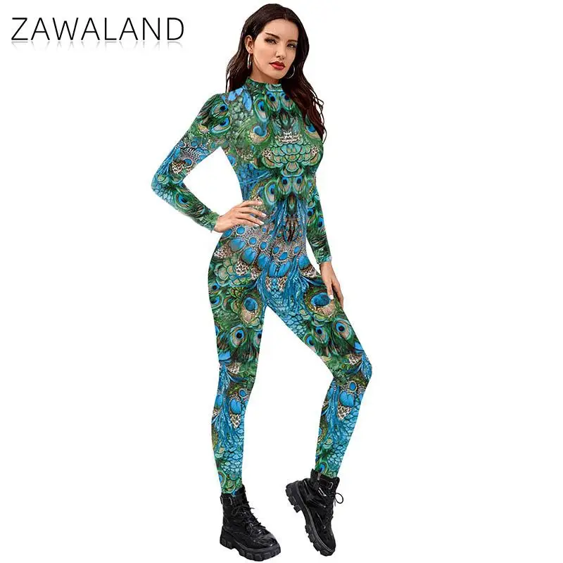 

Zawaland Peacock Bodysuit Cosplay Animal Bird Feathers Pattern Costume 3D Print Jumpsuit Women Halloween Catsuit Zentai Suits