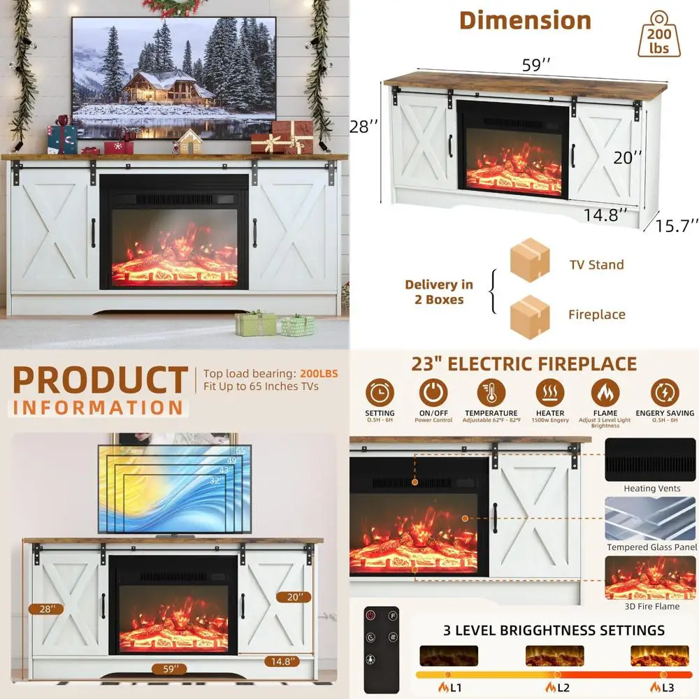 

Modern Electric Fireplace TV Stand with Sliding Barn Door, 23” Entertainment Center, Adjustable Storage Cabinet