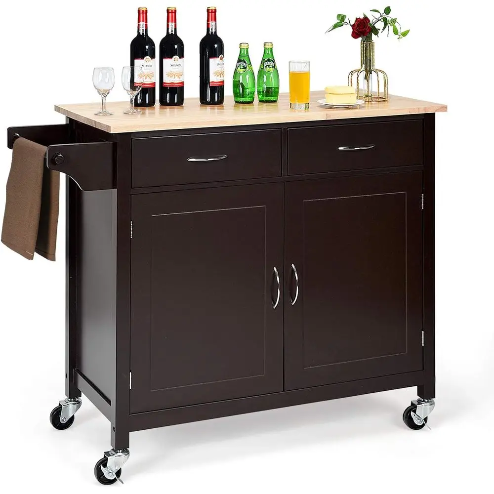 

Wood Top Rolling Kitchen Island Cart with Storage, Lockable Wheels, and Towel Rack - Brown