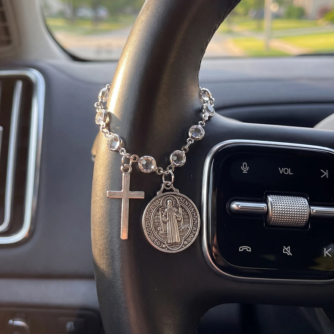 Katholischer Schutz-Rosenkranz Auto-Accessoire St. Benedikt Medaille & Kreuzanhänger für Auto-Innendekoration Religiöser Schutzanhänger