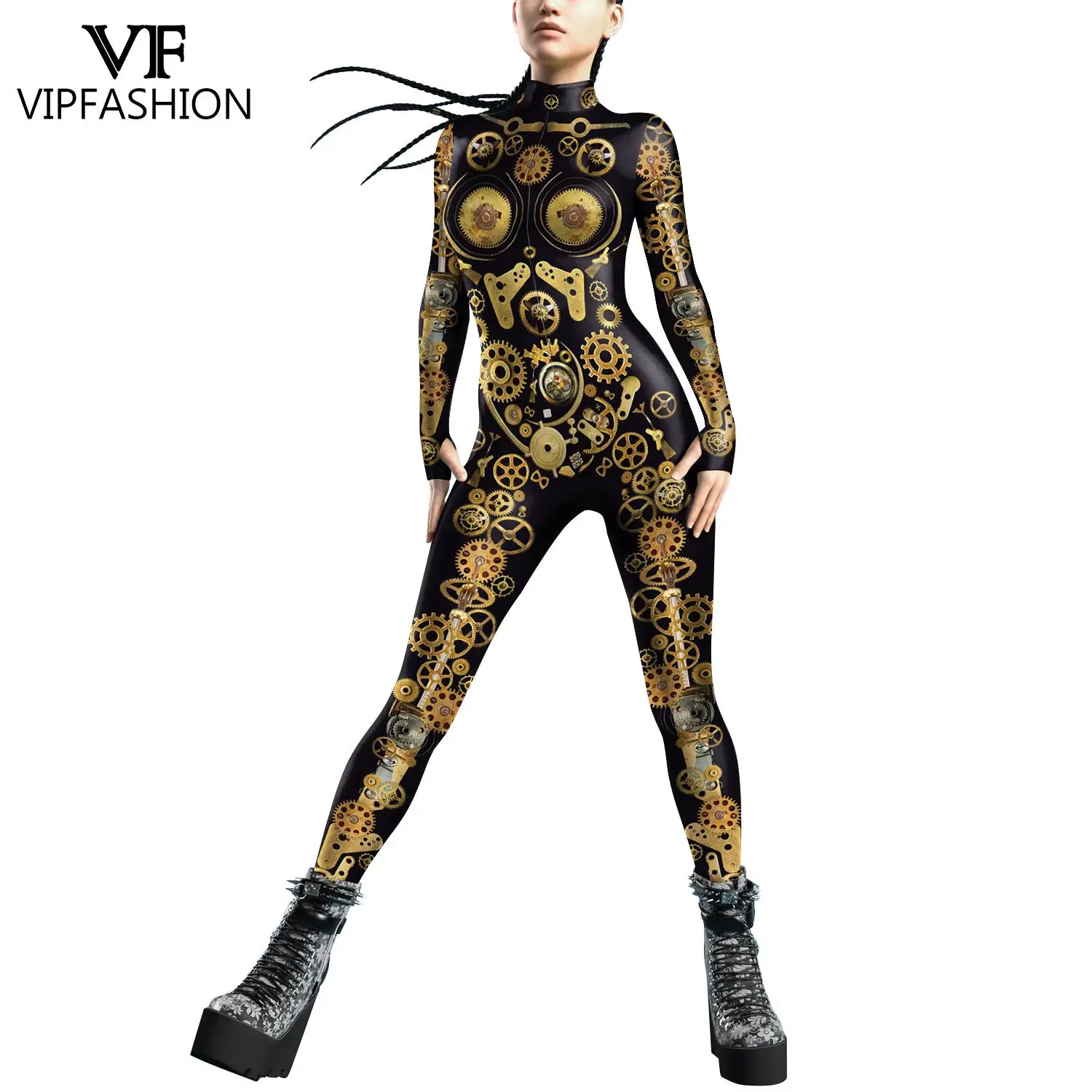 VIP FASHION Punk Zentai Bodysuit Woman Party Costume Halloween Festival Catsuit Front Zipper Jumpsuit Outfit with Thomb Sleeves