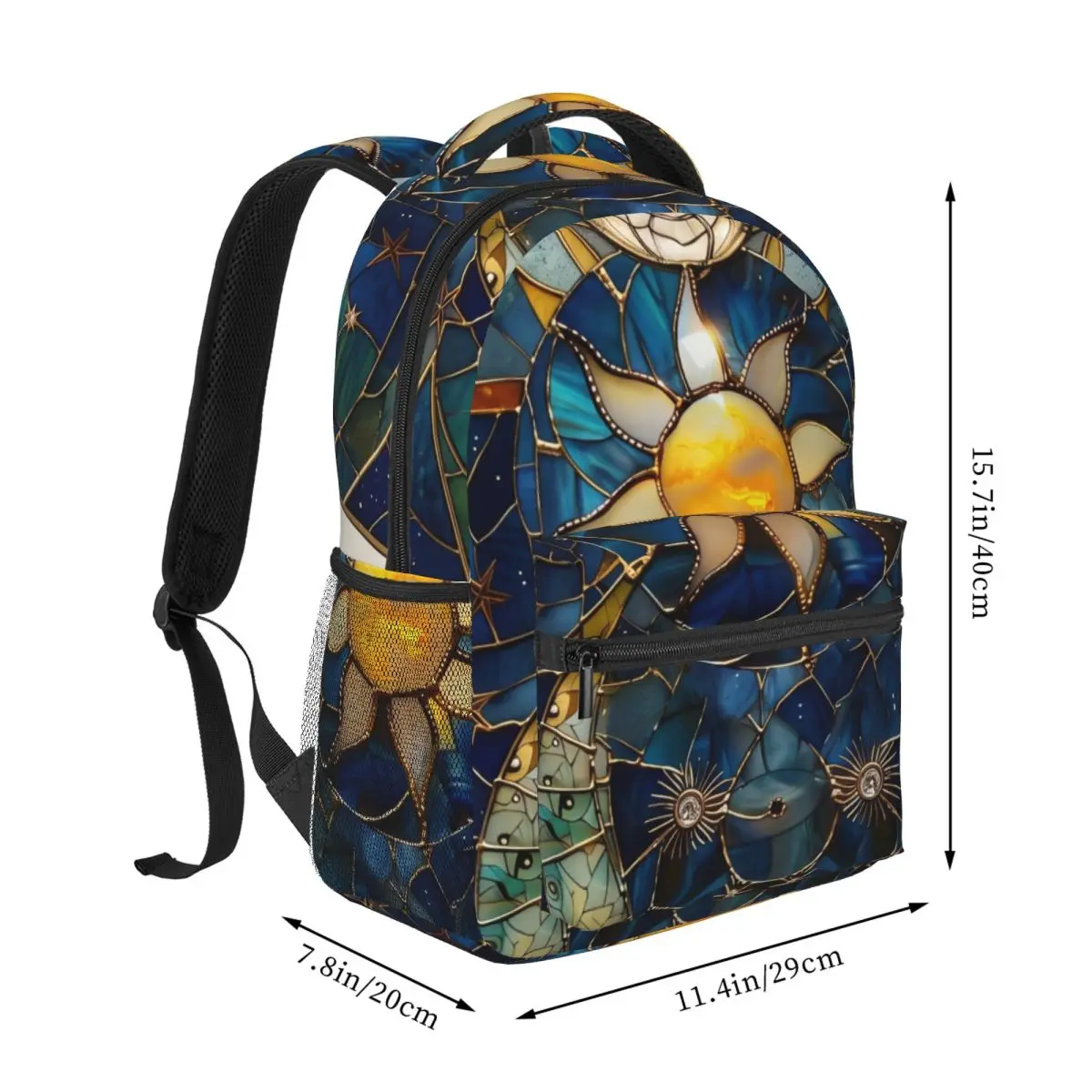 Punk Printed Backpack Center Stained Glass Celestial Mosaic Dark Blue Multi Cool Bookbag for Girls Boys College Travel Daily Men