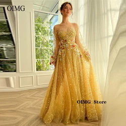 OIMG Gorgeous Gold 3D Flowers Lace Pageant Evening Dresses Puff Long Sleeves Bateau Neck Floor Length Celebrity Formal Gowns