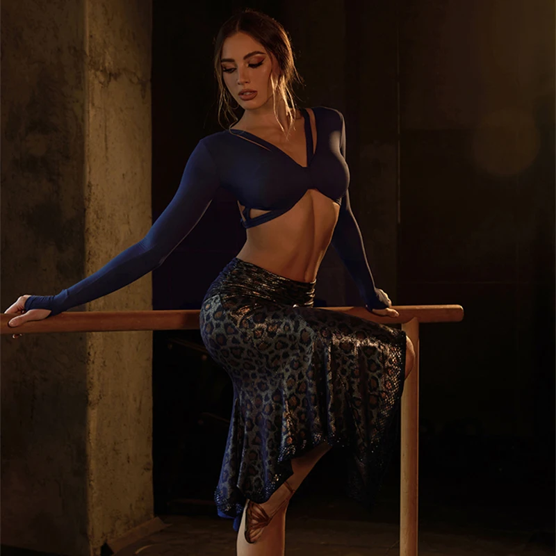 ZYM Latin Dance Clothes Women Sexy Short Tops Slit Leopard Skirt Cha Cha Rumba Performance Costume Adult Latin Dress DNV25538