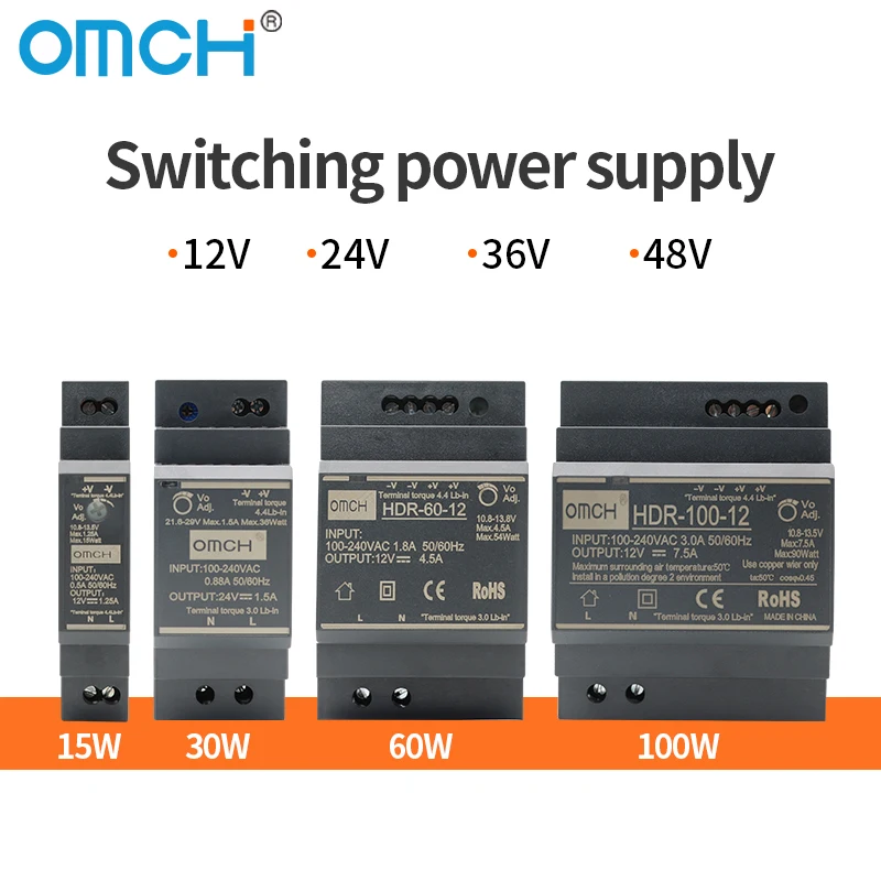 OMCH HDR 시리즈 DIN 레일 스위칭 전원 공급 장치 HDR-15 100-240VAC 15W 30W 60W 100W AC-DC 전압 5V 12V 24V 48V 0-7.1A SMPS