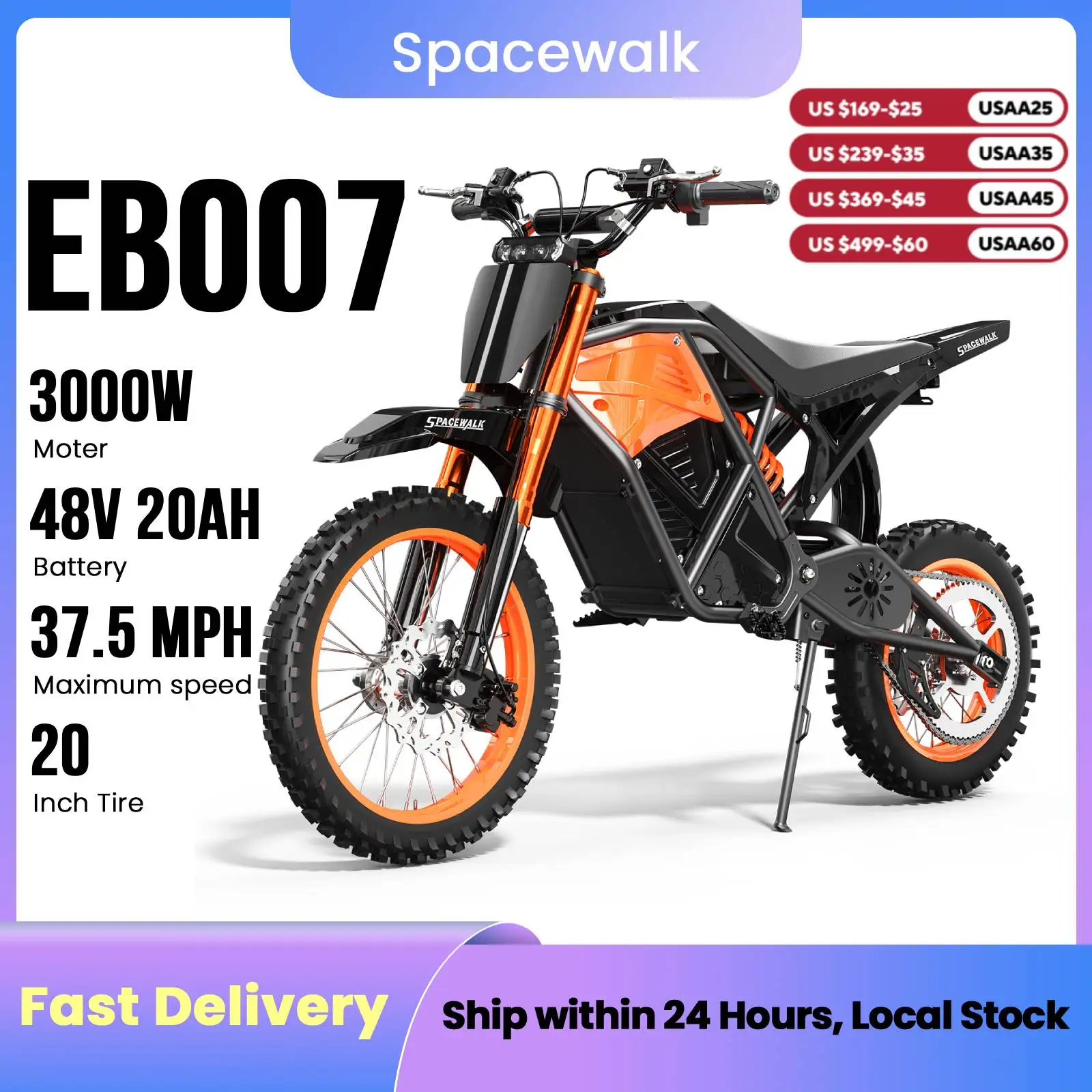 

Электрический мотоцикл Spacewalk 48V для взрослых, двигатель мощностью 3000 Вт, шины 14/12 дюймов, скорость до 37,5 миль/ч, запас хода 60 миль.