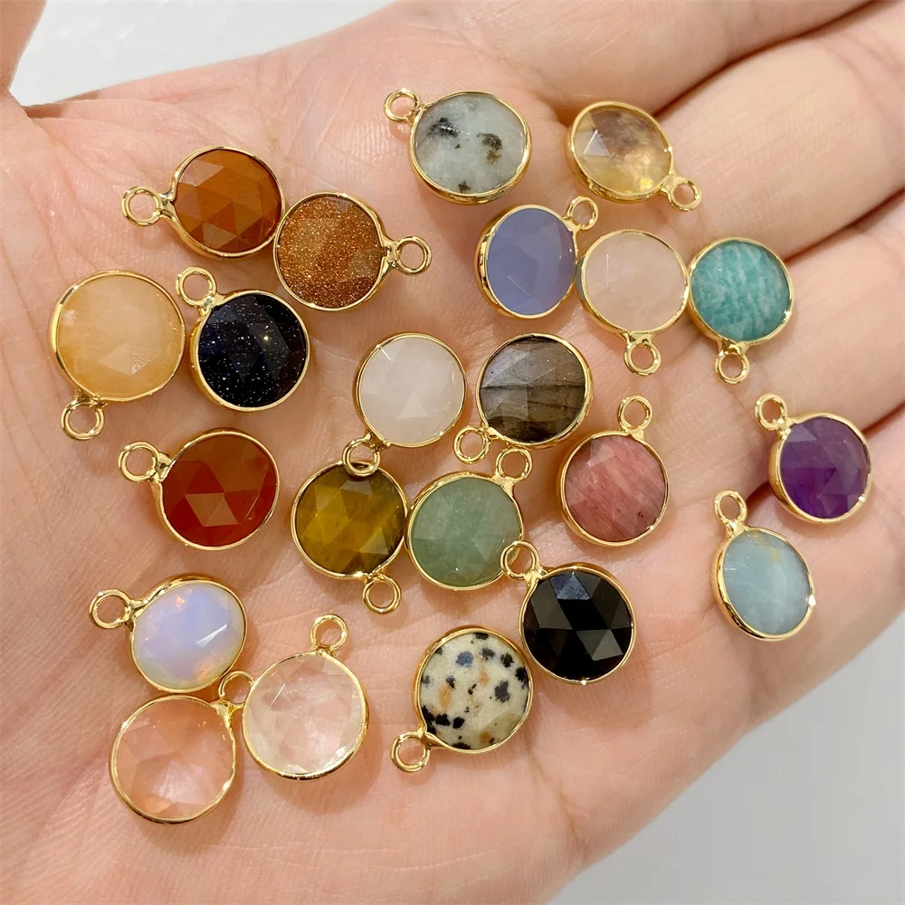 1PC Natural Faceted Stone Pendant 11mm Round Gems Pendant Charms Energy Healing Reiki Connector for Jewelry Making Handmade DIY