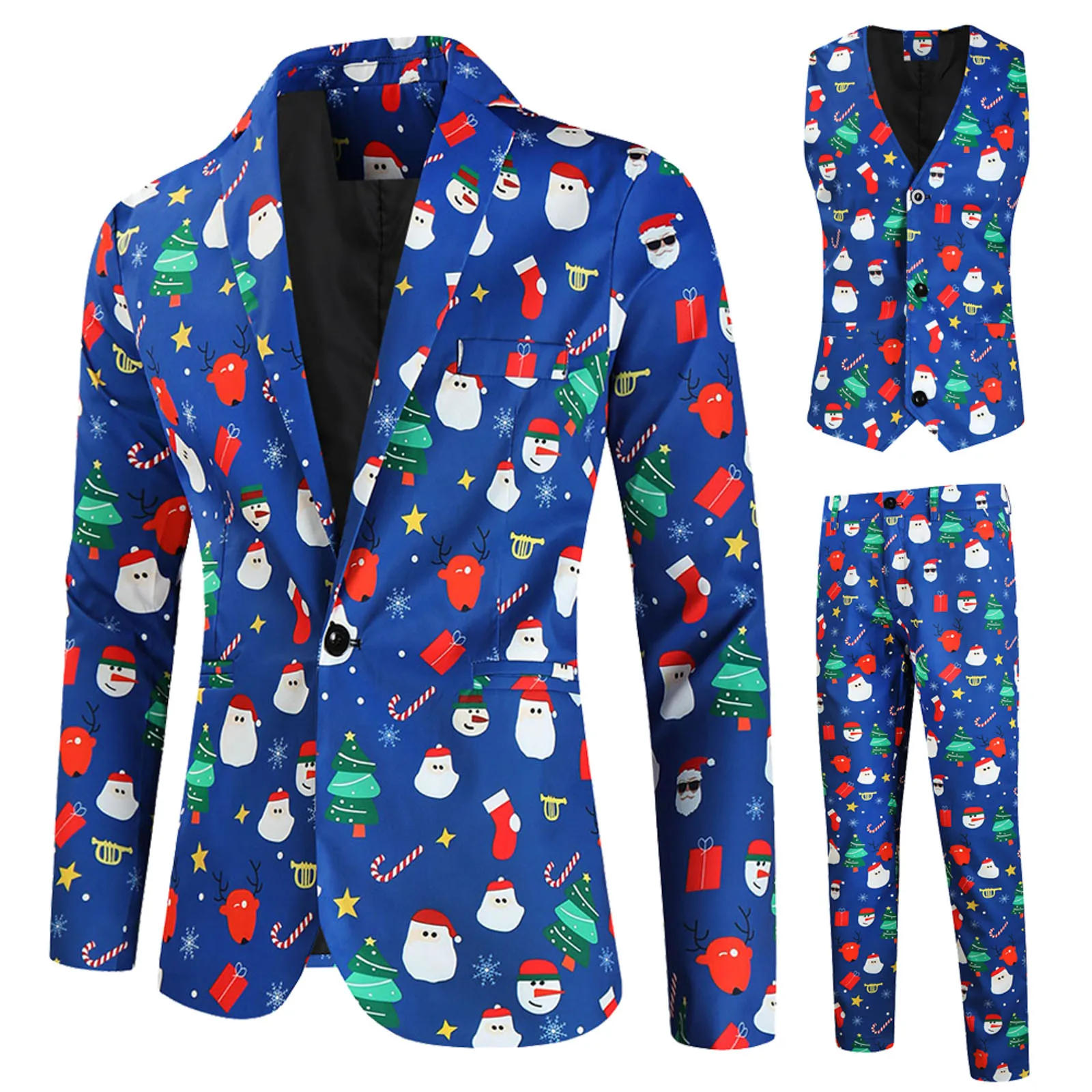 Men'S Slim Christmas Suits 3d Printed Three-Piece Suit Blazers Jacket Pants Trousers Vest Sets Prom Party Stage Costumes