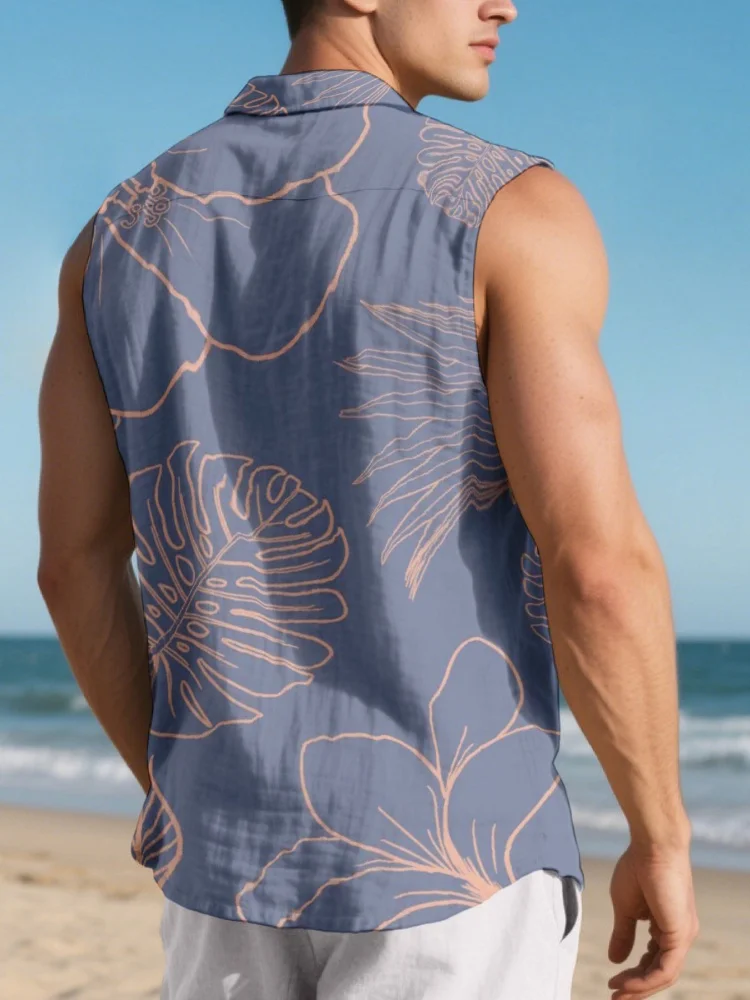 Men Sleeveless Hawaiian Shirt Summer 2026 Leaf Print Pocket Button Down Beach Tank Top Fashion Single Breast Tunics