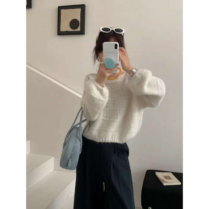 

Корейский стиль с круглым вырезом, однотонный ленивый стиль, свободный утягивающий короткий вязаный свитер с длинными рукавами, осенний новый женский свитер