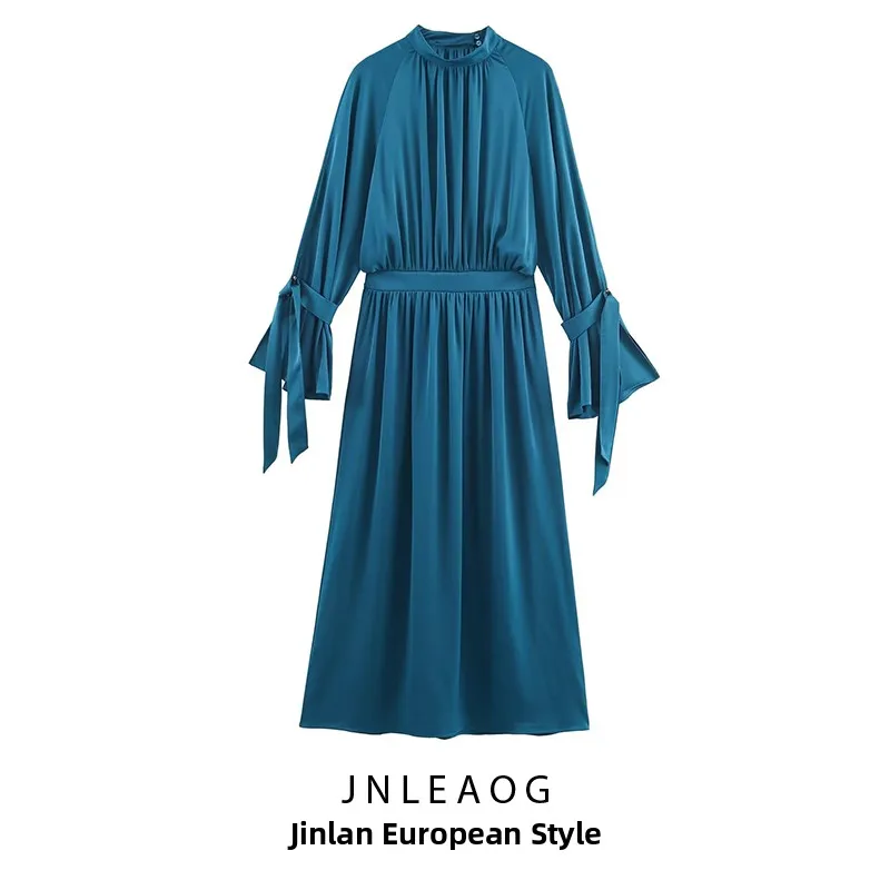 JNLEAOG Jesienna Nowość Damska Sukienka Midi z Satynową Teksturą, Jednolita, Prosta, Długa, Dopasowana, Casualowa