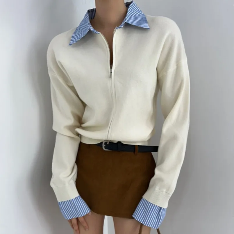 Maglione coreano da donna lavorato a maglia Ne aperto sul davanti Patchwork a righe Falso in due pezzi lungo Sve Autunno Inverno Top