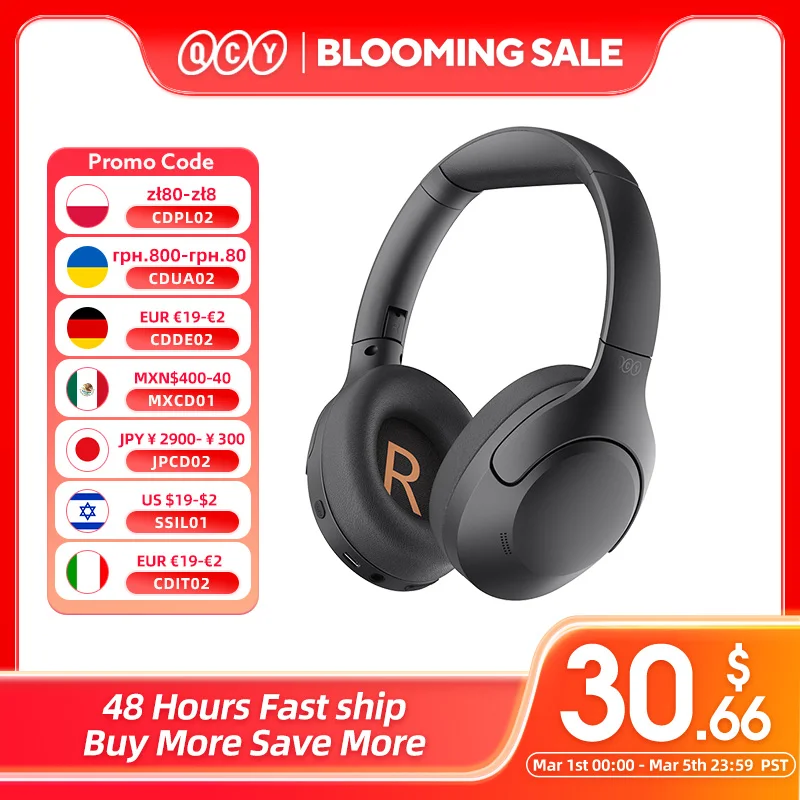 QCY-Casque sans fil H3 Lite ANC, Bluetooth 5.3, suppression active du bruit, casque sur l'oreille, pilote 40mm, son HiFi, écouteurs