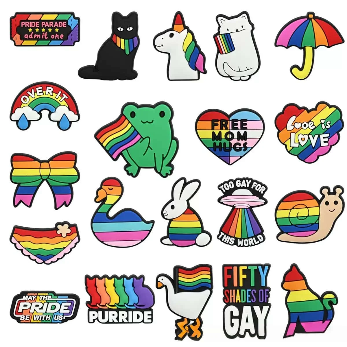 1-20PCS Love Pride Gay Rainbow Bow Cat Goose Umbrella PVC Shoe Charms Accessories Sandal Buckle Ornament DIY Wristbands Kid Gift