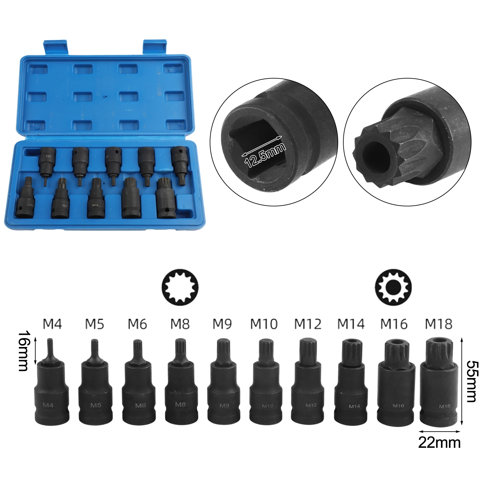 

Length 55mm 12 Point Wrench 10 Pieces Socket Adapter Set Adapter Chrome Vanadium Steel Heat Treatment High Toughness