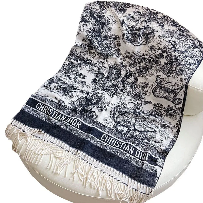 2024 Women\'s New Scarf Inky Print Black Border White Fringed Shawl Winter Outdoor Warm Muslim Women Shawl