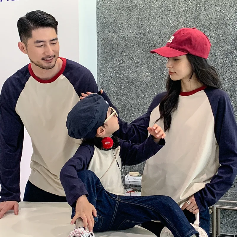 2025 Spring New Family Matching Color Block Round Neck Long Sleeve T-Shirts for Parents & Kids, Casual Outfits for Family of 3-4