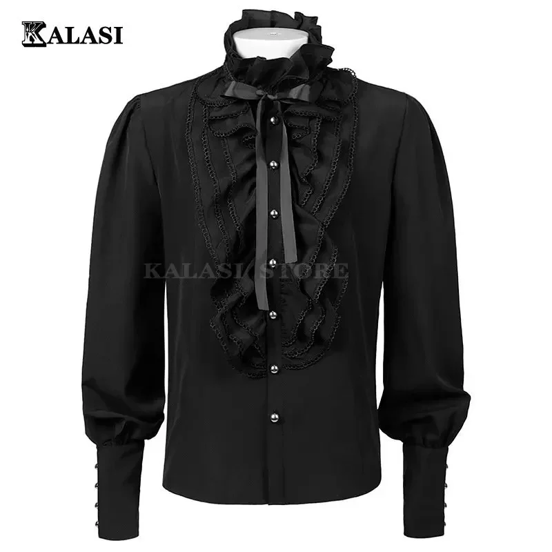 Men\'s Vintage Priest Black Shirt Medieval Pastor Costume Long Bandage Sleeve Ruched Victorian Top Gothic Steampunk Devil Cosplay