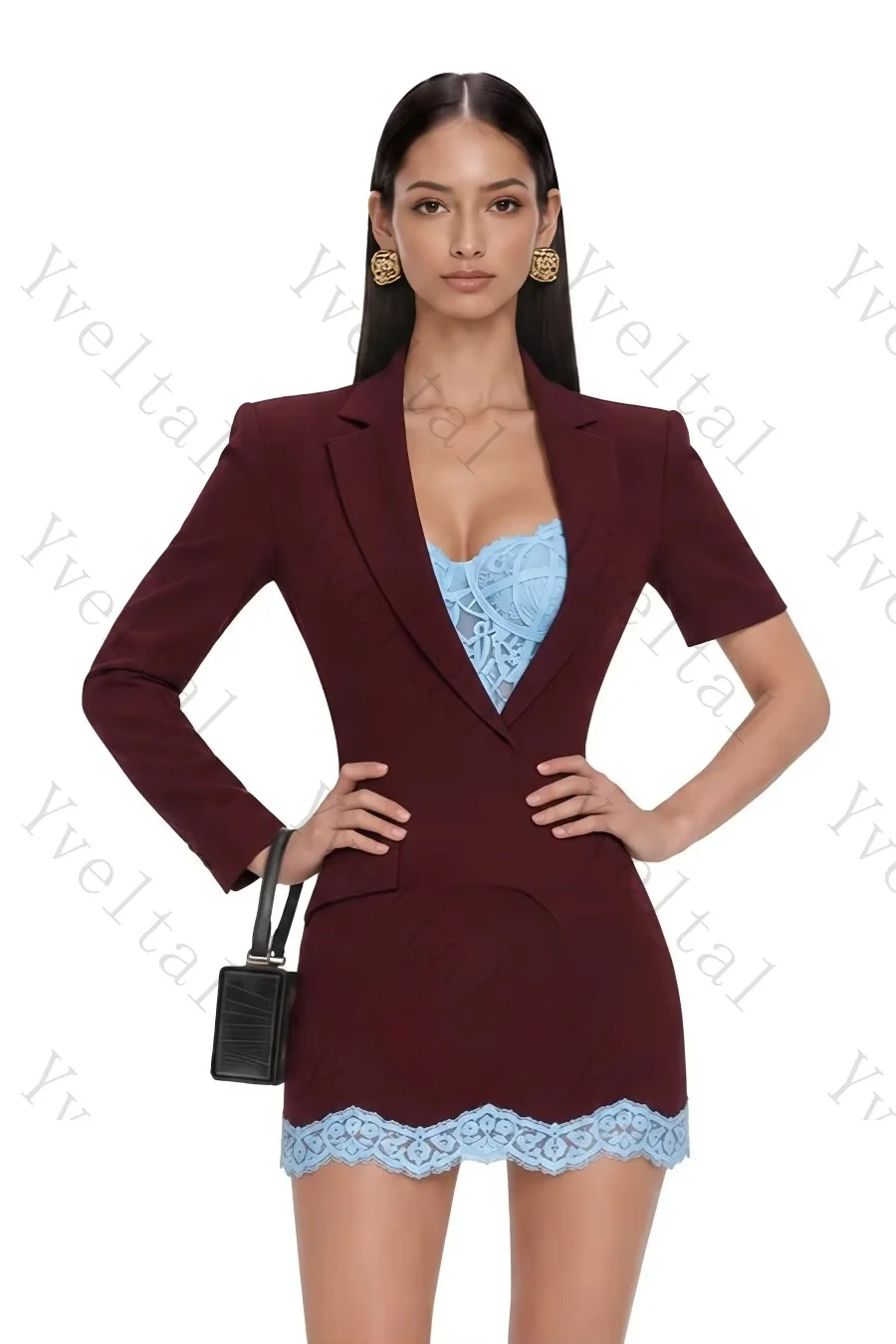 Customized Blazer Evening Mini Dress Lapel Fitted Lace Trim Hem Lace Two Piece Prom Dress Formal Party Wedding Guest Occasion