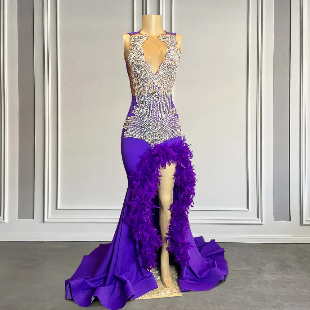 Sparkly Rhinestone Mermaid Purple Prom Dresses 2025 with Feather High Slit Luxury Crystal Black Girl Birthday Gowns Customized