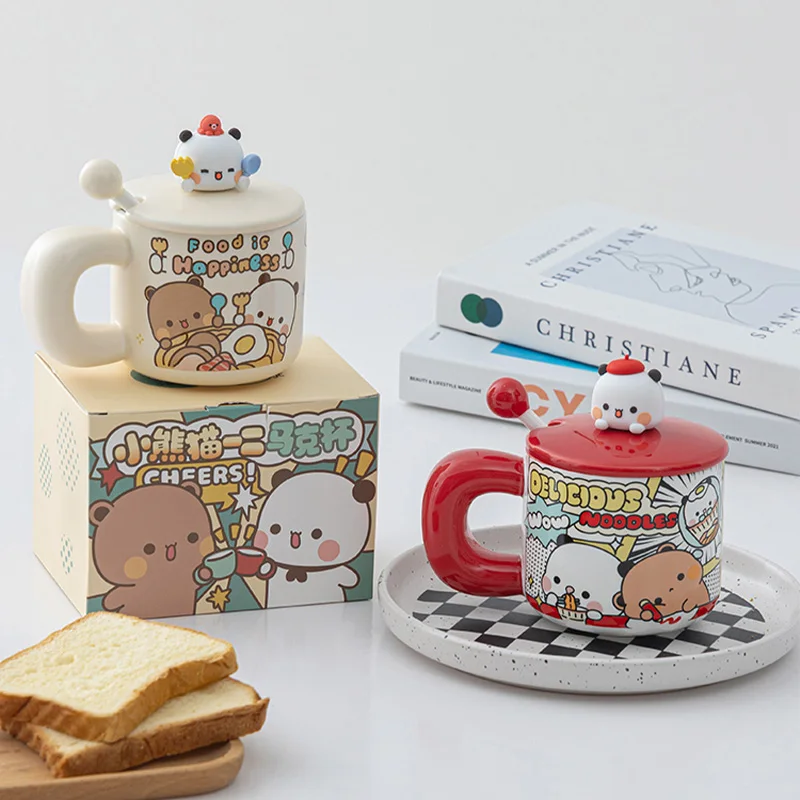 

Керамические кружки с крышкой и ложками с изображением милой панды йера, Bubu Dudu, креативная чашка для воды Mitao, кружки, кавайная посуда для напитков, подарок на день рождения, Новинка