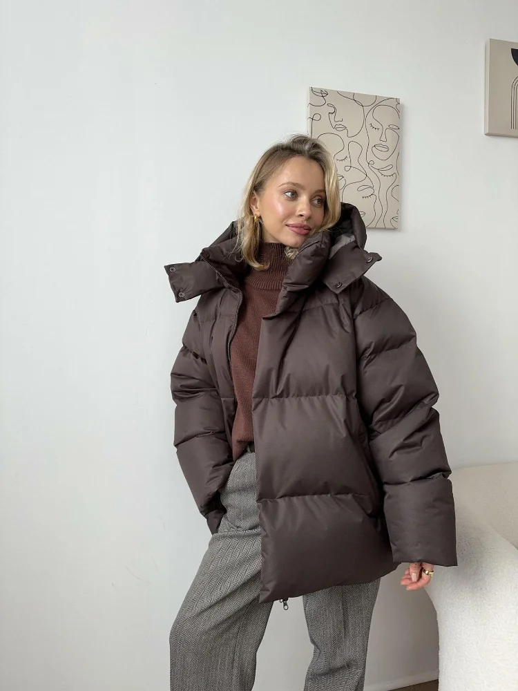 2026 New Women Autumn Winter Warm Coat Fashion Hooded Cotton High Neck Long Sleeve Loose Short Jacket Daily Casual Streetwear