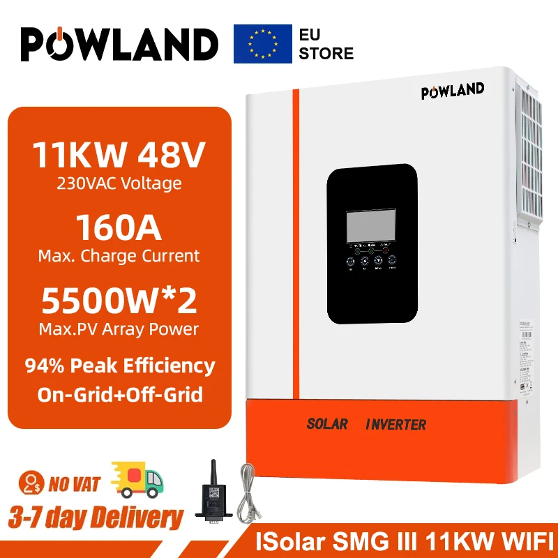 POWLAND 11000W Solar Hybrid Inverter MPPT 220V 48V Max PV Input 500V 22000VA Solar Charger 160A Dual Input Support BMS With WIFI