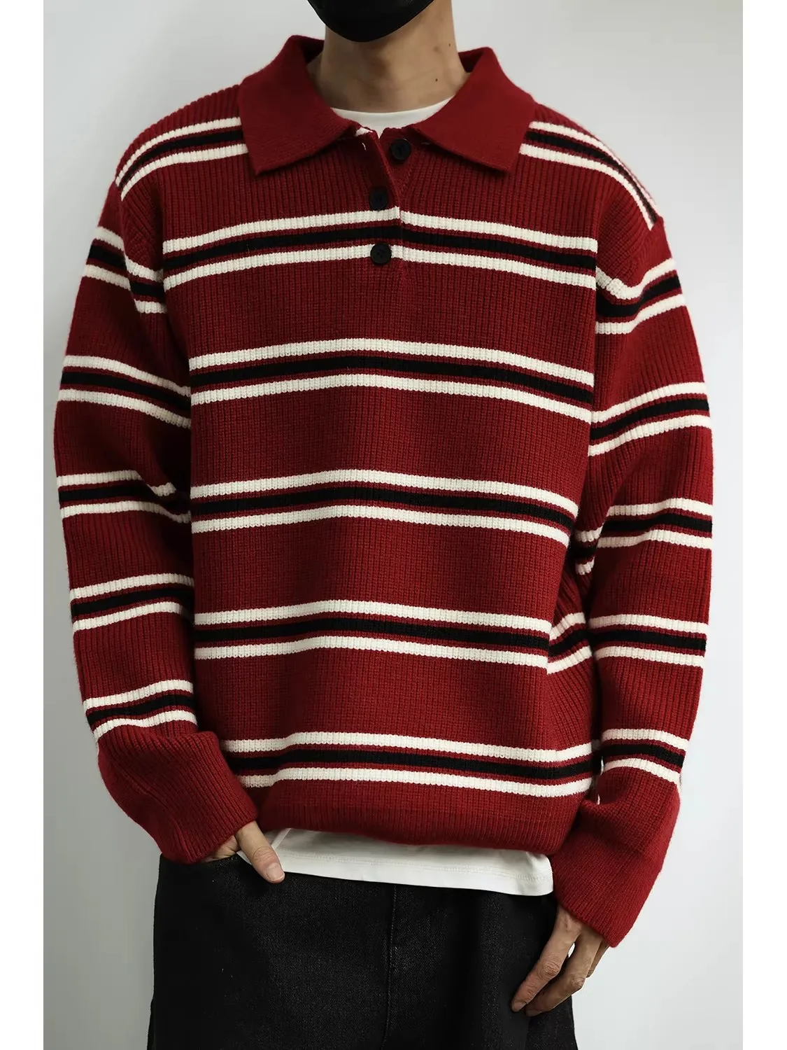 

Магазин LH: Американский ретро-свитер в полоску, свободный крой, длинный рукав, отложной воротник, красный трикотаж для мужчин и женщин, повседневный стиль