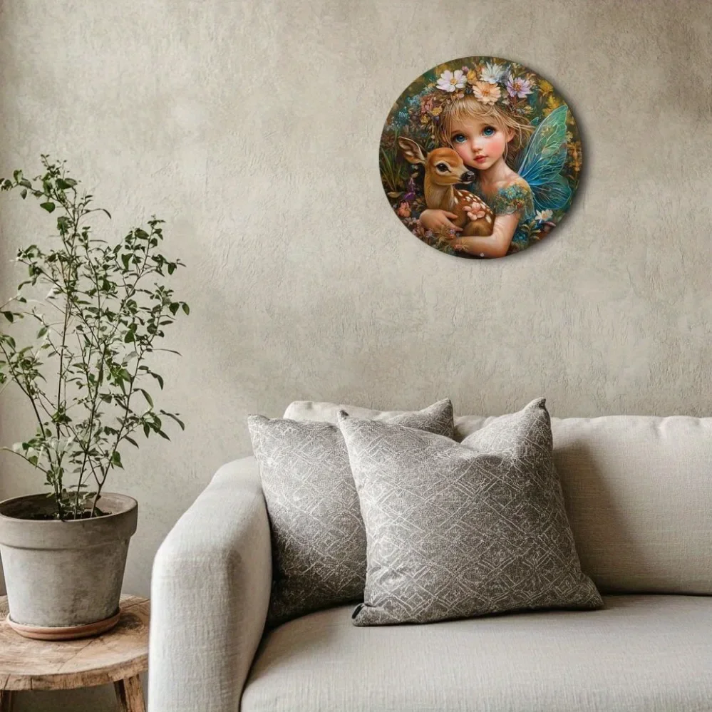 

Classic Elf Fairy and Deer Wall Hanging Decorative Sign - Vintage Round Metal Plaque for Party Decor, Christmas Gift