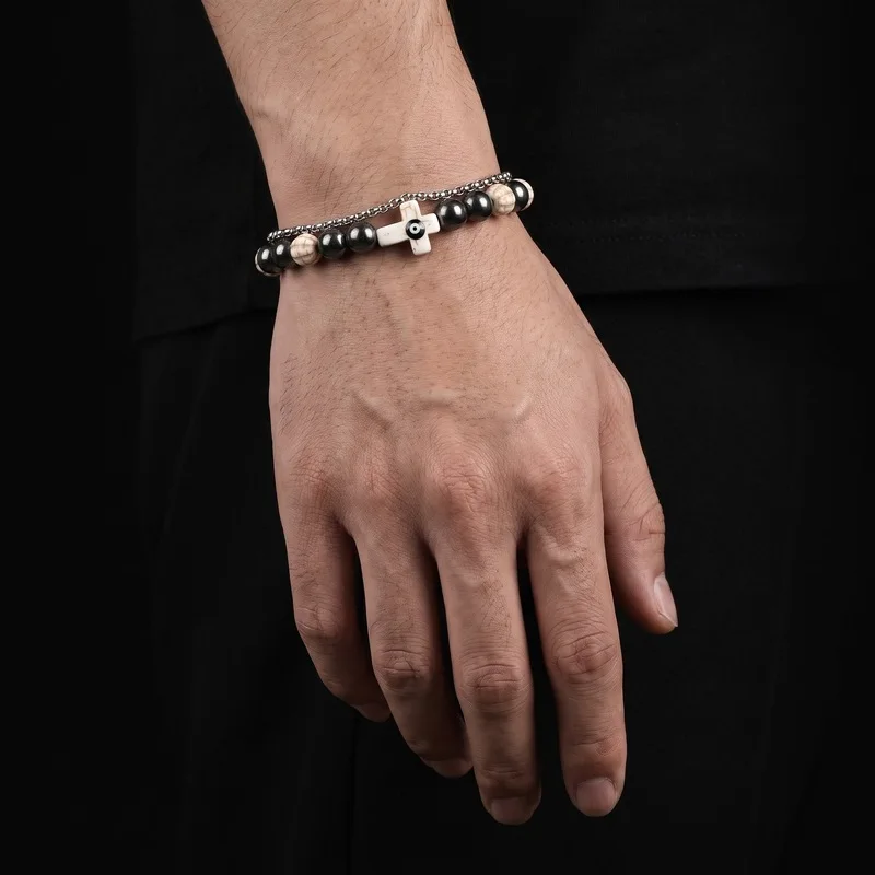 Hematite and retro carved bead double chain bracelet cross evil eye charm unisex vintage wrist accessory