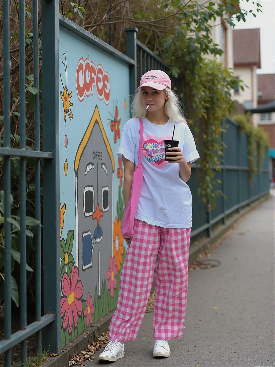 السراويل الفضفاضة للنساء الأزرق الوردي مكبل عارضة عداء ببطء نمط مرونة الخصر الرباط جيوب مريحة فضفاضة تناسب ارتداء اليومي #1