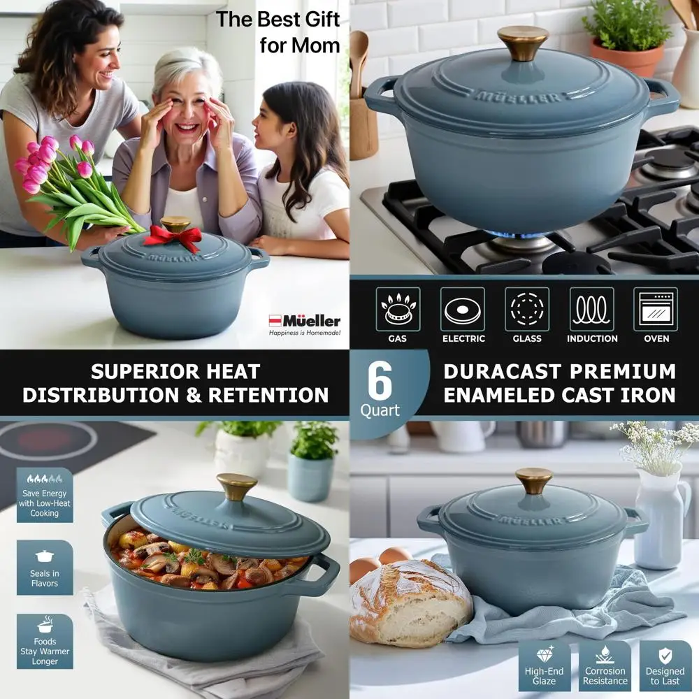 

Blue 6-Quart Cast Iron Dutch Oven, Enamel-Coated, Heavy Duty, Oven-Safe to 500°F, Suitable for All Stoves, Includes Lid and Knob