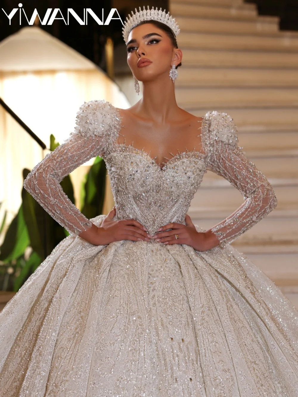 Glamorous Lace Beaded Wedding Dress Delicate Luxurious Long Sleeve Bridal Gown Customized Elegant Princess Dresses For Bride