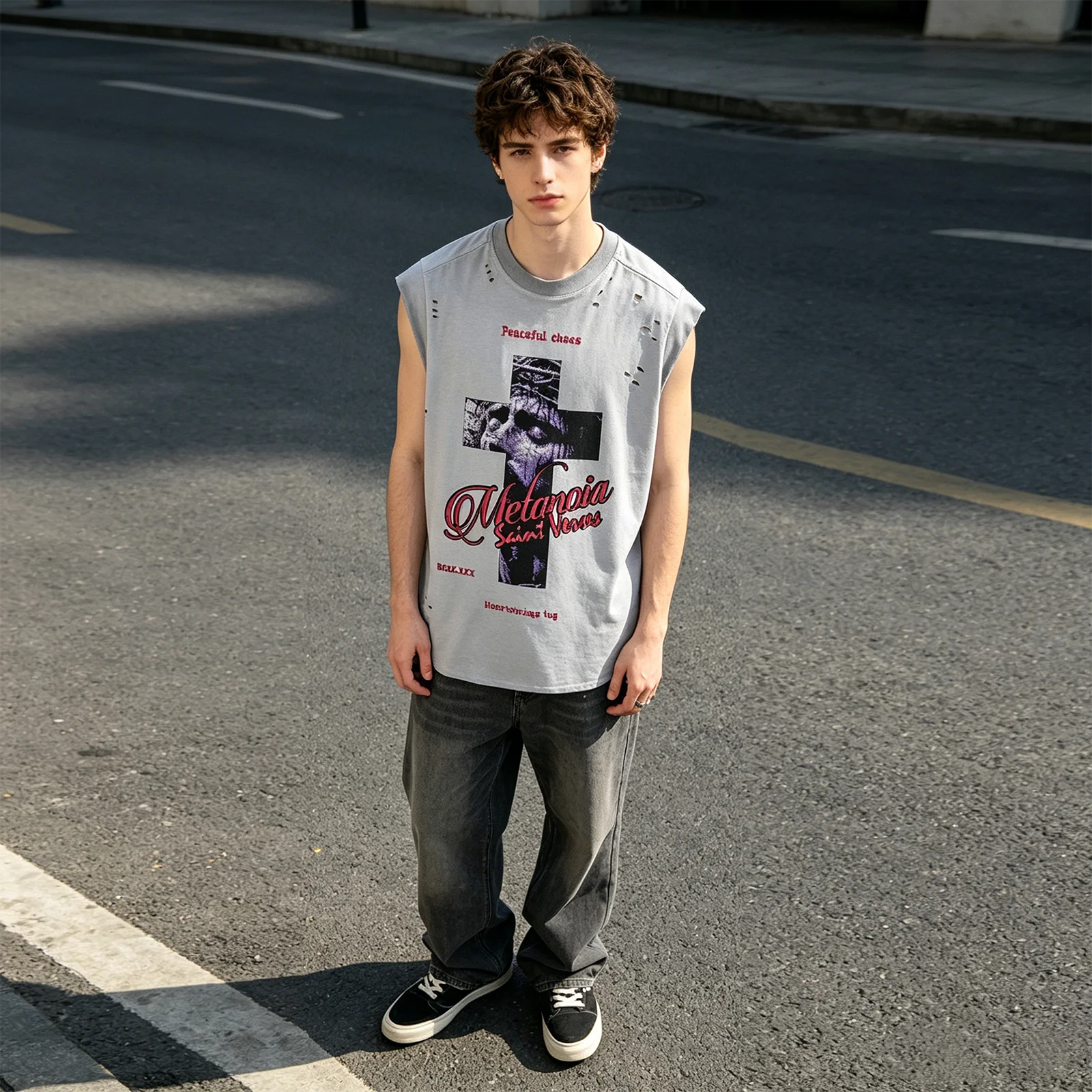 Vintage Cross Tank Tops Y2k Men Summer Oversize Sleeveless Black Gray Tshirt Hole Cut Washed Ripped