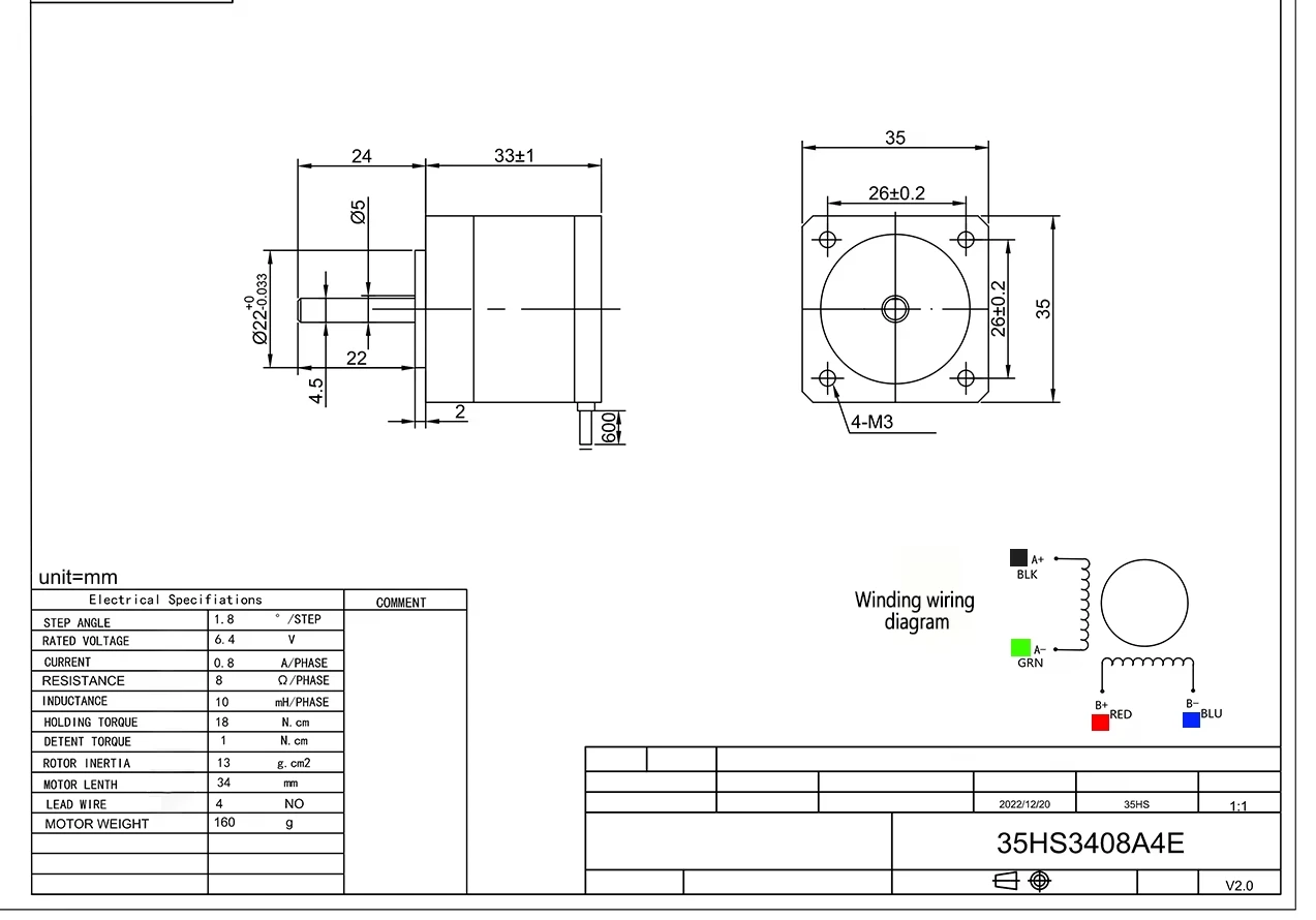 Body Length 34mm 4-Wire NEMA14 Stepper Motor 18N.cm Current 0.8A Step angle 1.8° Single Output Shaft Motor