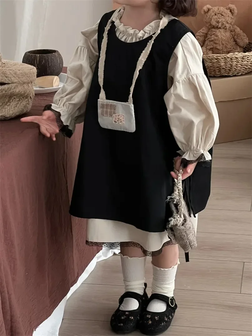 

New Girls Casual Dresses Children Korean Retro Style Dress Girl Lace Lace Skirt 2 Pieces Fashion Sweet Autumn Solid