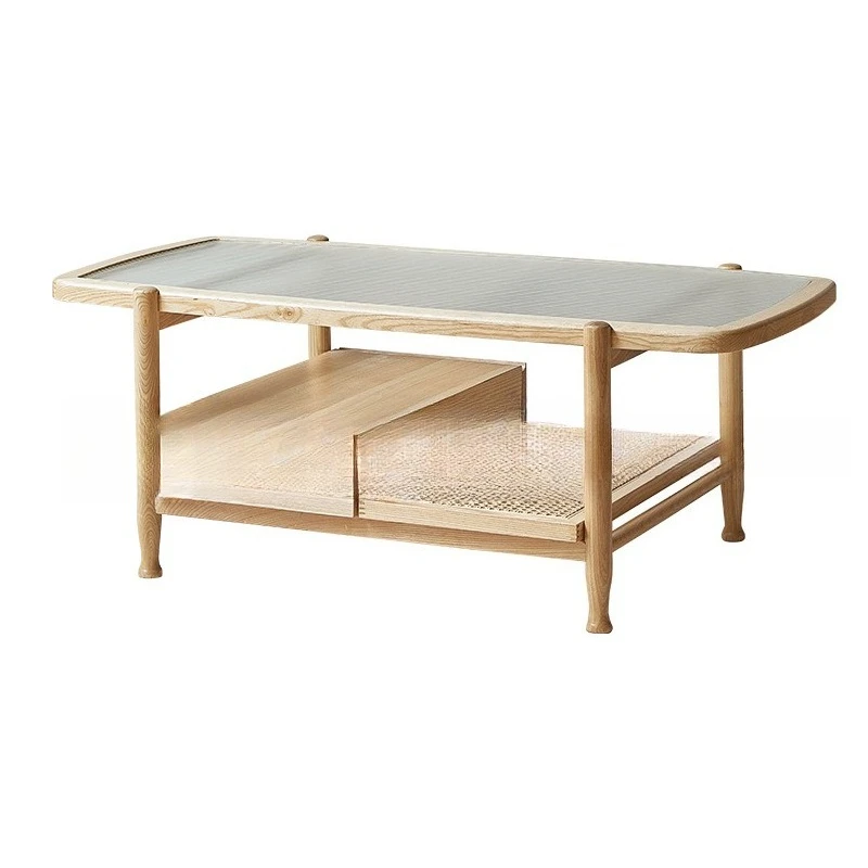 Solid wood small apartment Changhong glass Japanese coffee table living room household rectangular rattan
