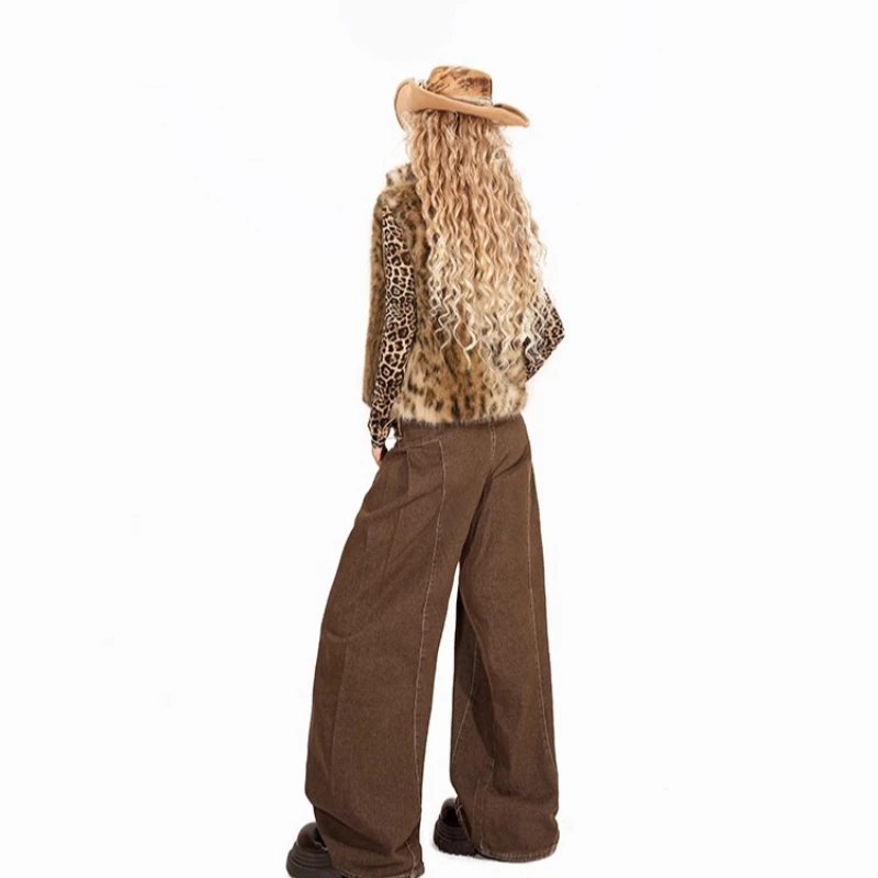 الأمريكية الرجعية ليوبارد طباعة الفراء سترة نسائية 2025 الخريف الشتاء تصميم جديد الساخن فتاة Y2K فروي الدافئة سترة دون أكمام السيدات