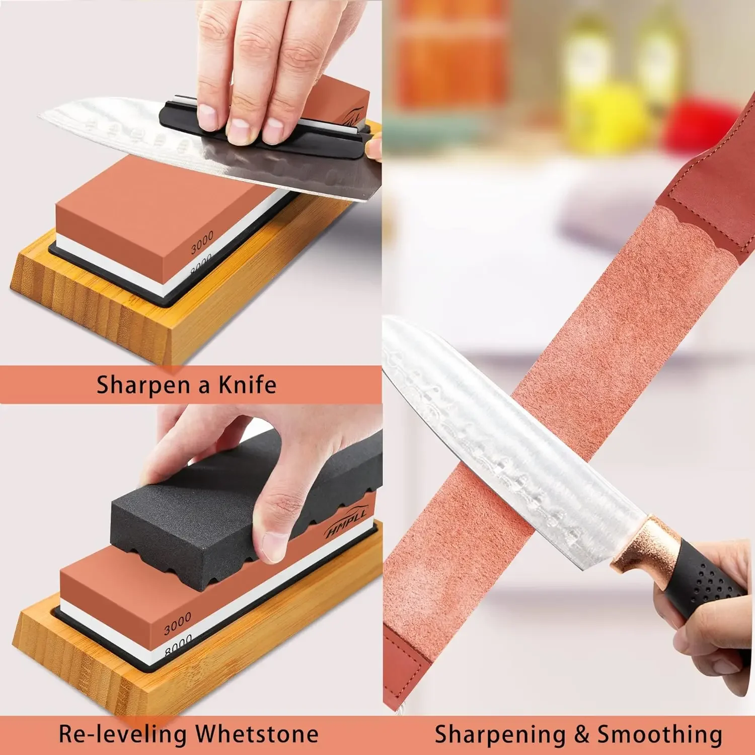 Knife Sharpening Stone Set Professional Knife Sharpener Double-side Whetstone Grinder Watster Stone Bamboo base Angle guide