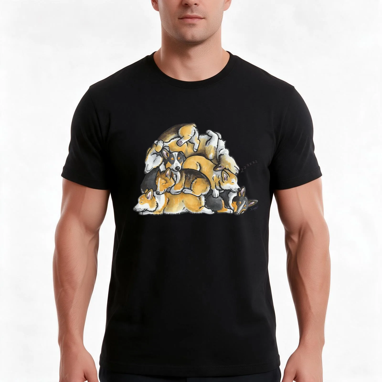 Sleeping pile of Corgi dogs T-Shirt, Summer Casual Cotton Tee, Oversized Streetwear Tops, Vintage Graphic Print, 100% Cotton