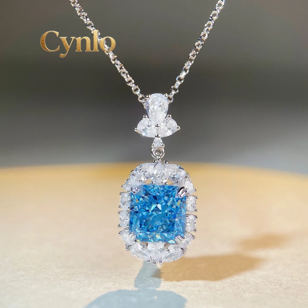 

Cynlo Jewelry Luxury white gold solid platinum PT950 Women's Blue Diamond Pendant Women's Full Diamond Necklace Clavicle Chain